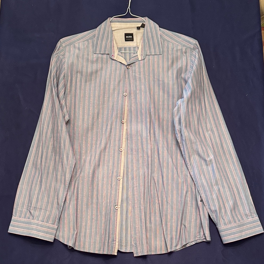 Hugo Boss Blue and Red Striped Casual Shirt